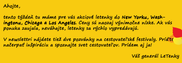 Vyberte si akciové letenky do USA za ceny už od 423€ a vyberte sa na cestovateľské festivaly Cestou necestou a Kolem světa - Letenky.sk sú ich sponzormi.